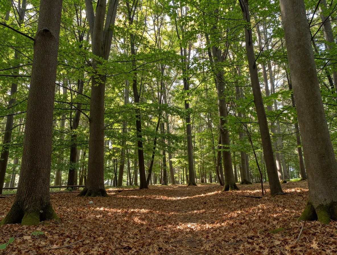 Podzimní lesní scéna s jemným mlhavým světlem pronikajícím skrze koruny stromů, evokující změnu ročních období a biologické přizpůsobení organismu
